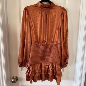 NWT Idem Ditto Small Cooper Drop Waist Ruched Dress High Neck Balloon Sleeves